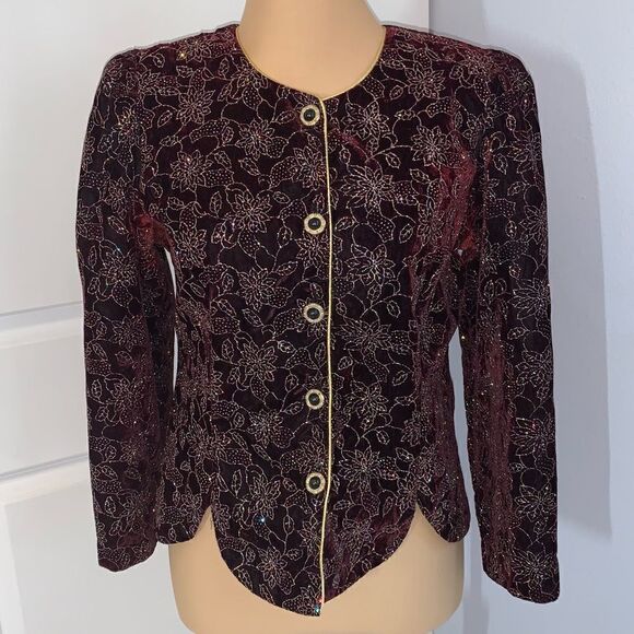 R&K Evenings Velvet Red Sparkly Floral Blazer - Picture 1 of 6
